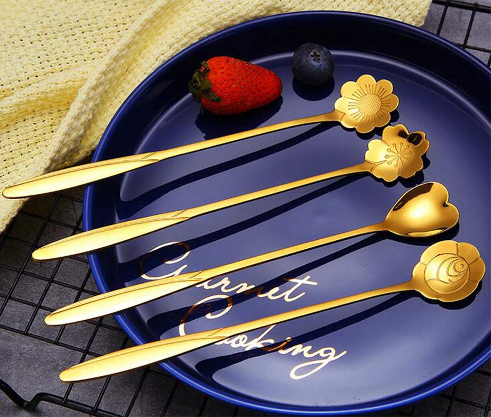 Stainless Steel Gold Different Shape Coffee Spoons, Coffee Spoon/Dessert Spoons/Cutlery Kitchen Tableware/, Set of 4 Pcs