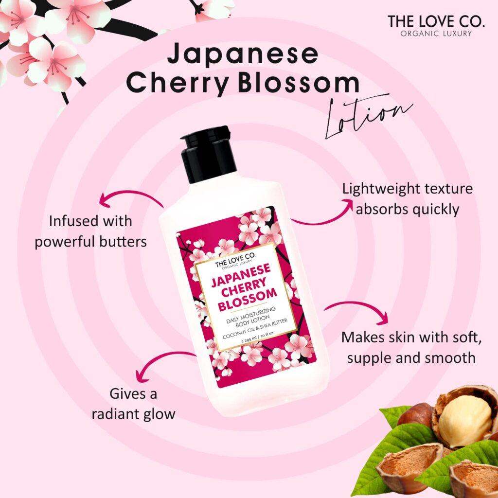 THE LOVE CO Moisturizing Japanese Cherry Blossom Body Lotion - Enriched with Jojoba Oil, Shea Butter & Vitamin E | Niacinamide Body Lotion | Body Moisturizer for Dry Skin | Summer Body Lotion for Women | 250ML
